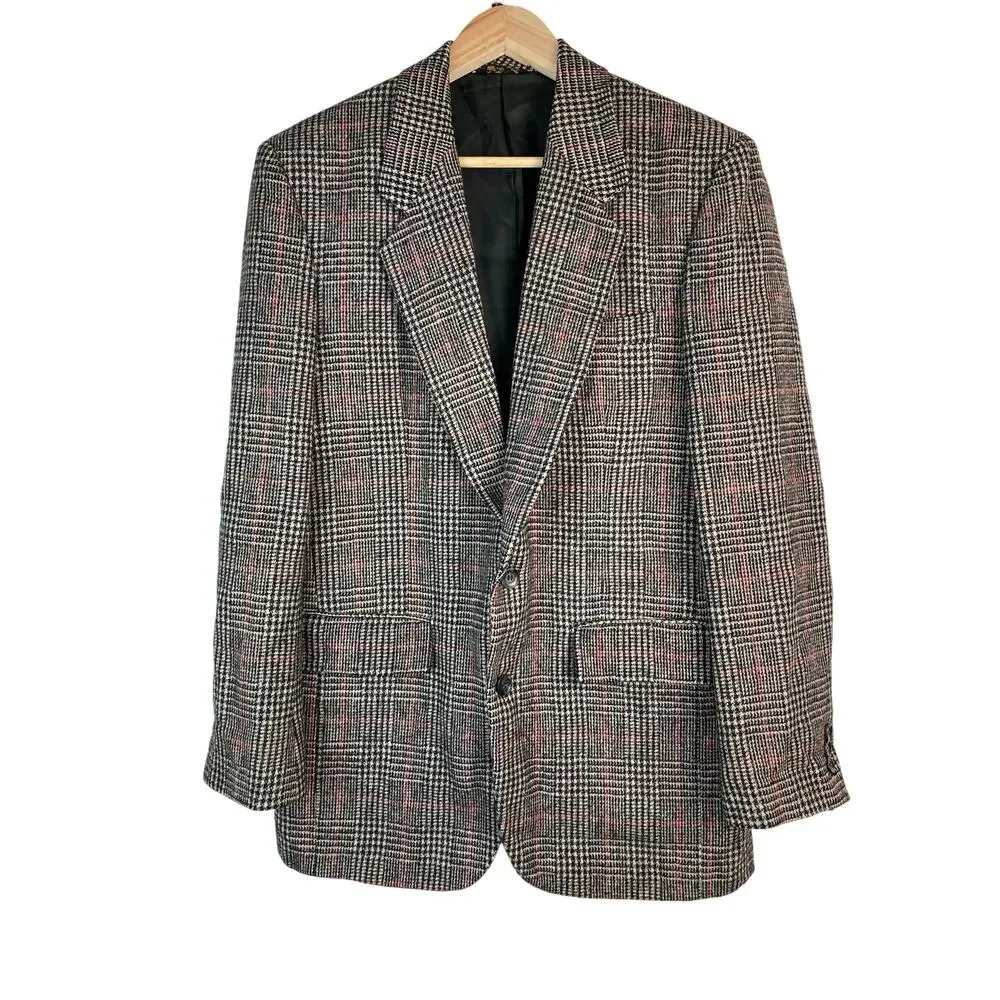 Bronzini Men's 40R Lined 100% Wool Black Red Classic Plaid‎ Blazer *